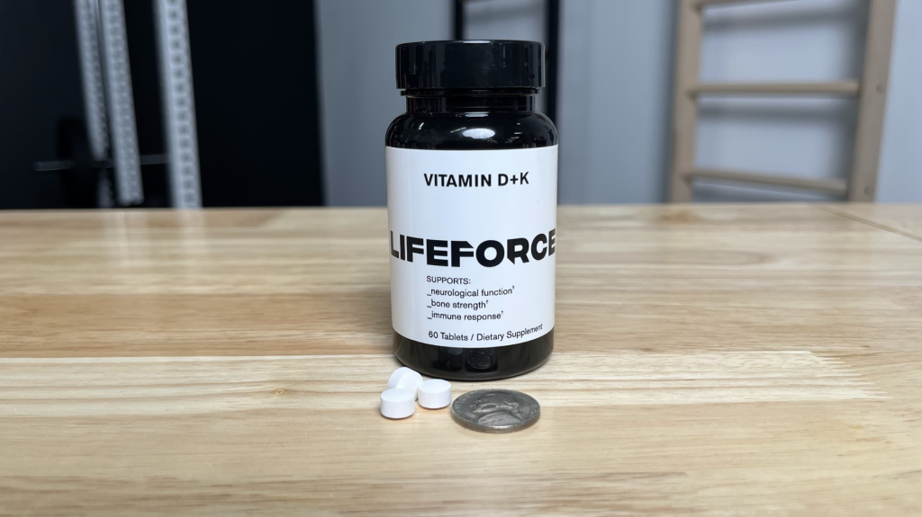One dose of Lifeforce Vitamin D+K (with nickel for scale)